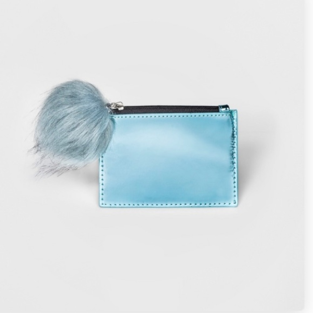 Blue zip card case holder wallet with pom pom